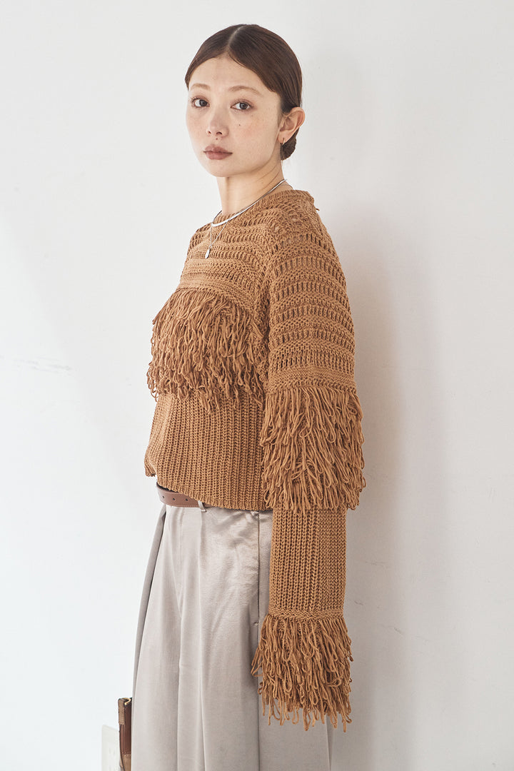 [SET]メッシュフリンジ切り替えプルオーバー+サテンタックワイドパンツ(2set)