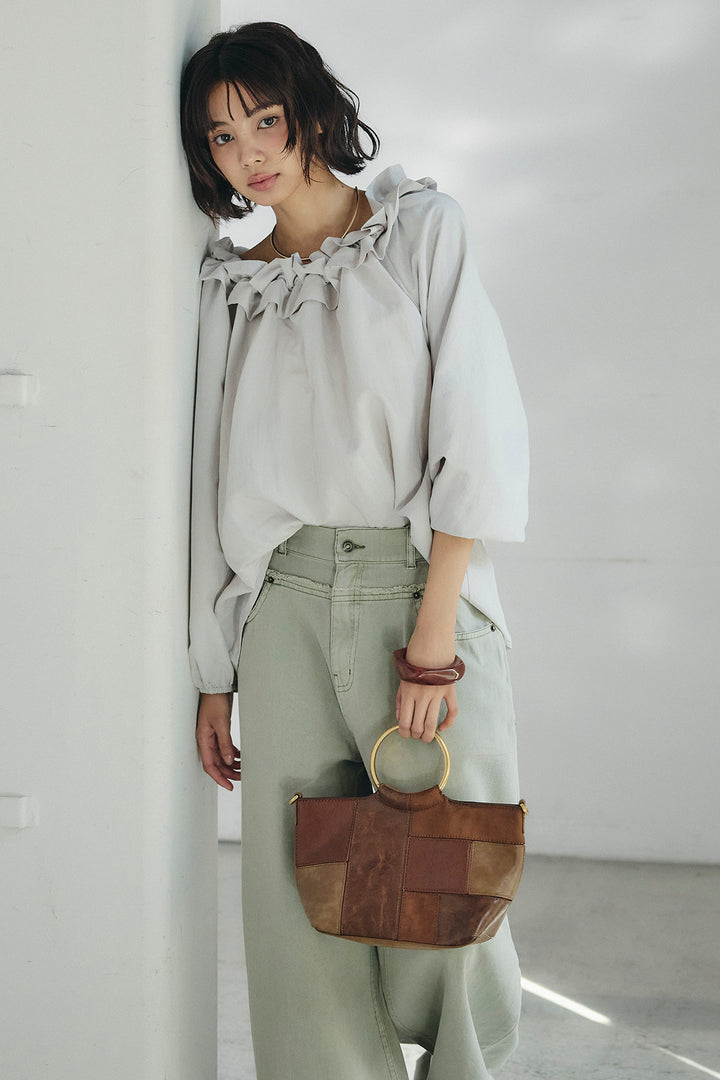 [SET]ネックフリルデザインブラウス+ウエスト裁ち切りデニムワイドパンツ(2set)