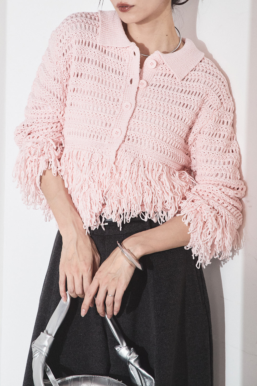 [SET]メッシュフリンジカーディガン+ウールタッチカーブワイドパンツ(2set)