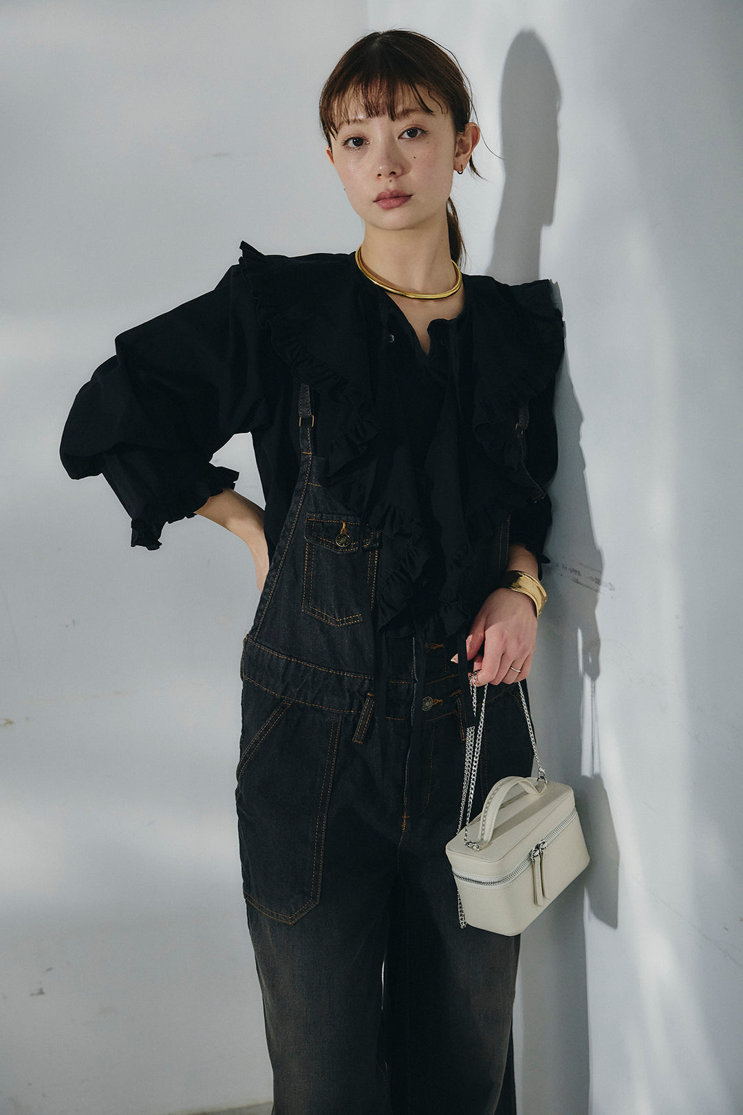 [SET]コットンフリルブラウス+デニムサロペットワイドパンツ(2set)