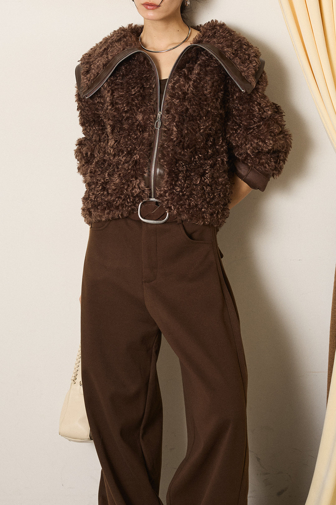 [SET]ビッグカラープードルボアアウター+編みベルト付きワイドパンツ(2set)