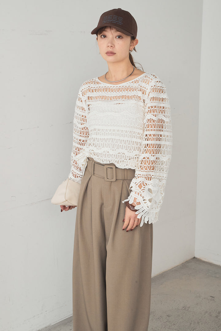 [SET]裾デザインメッシュプルオーバー+ベルト付きツータックワイドパンツ(2set)