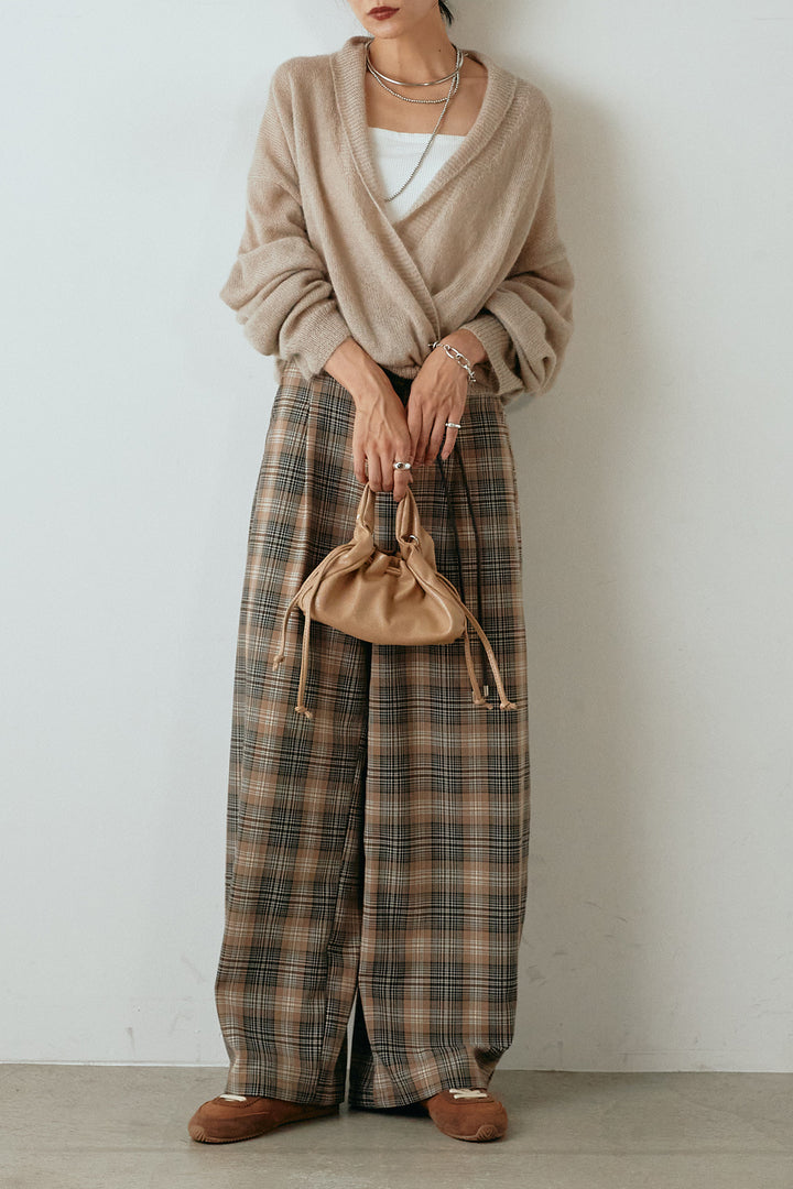 [SET]カシュクールデザインニット+編みベルト付きタータンチェックワイドパンツ(2set)
