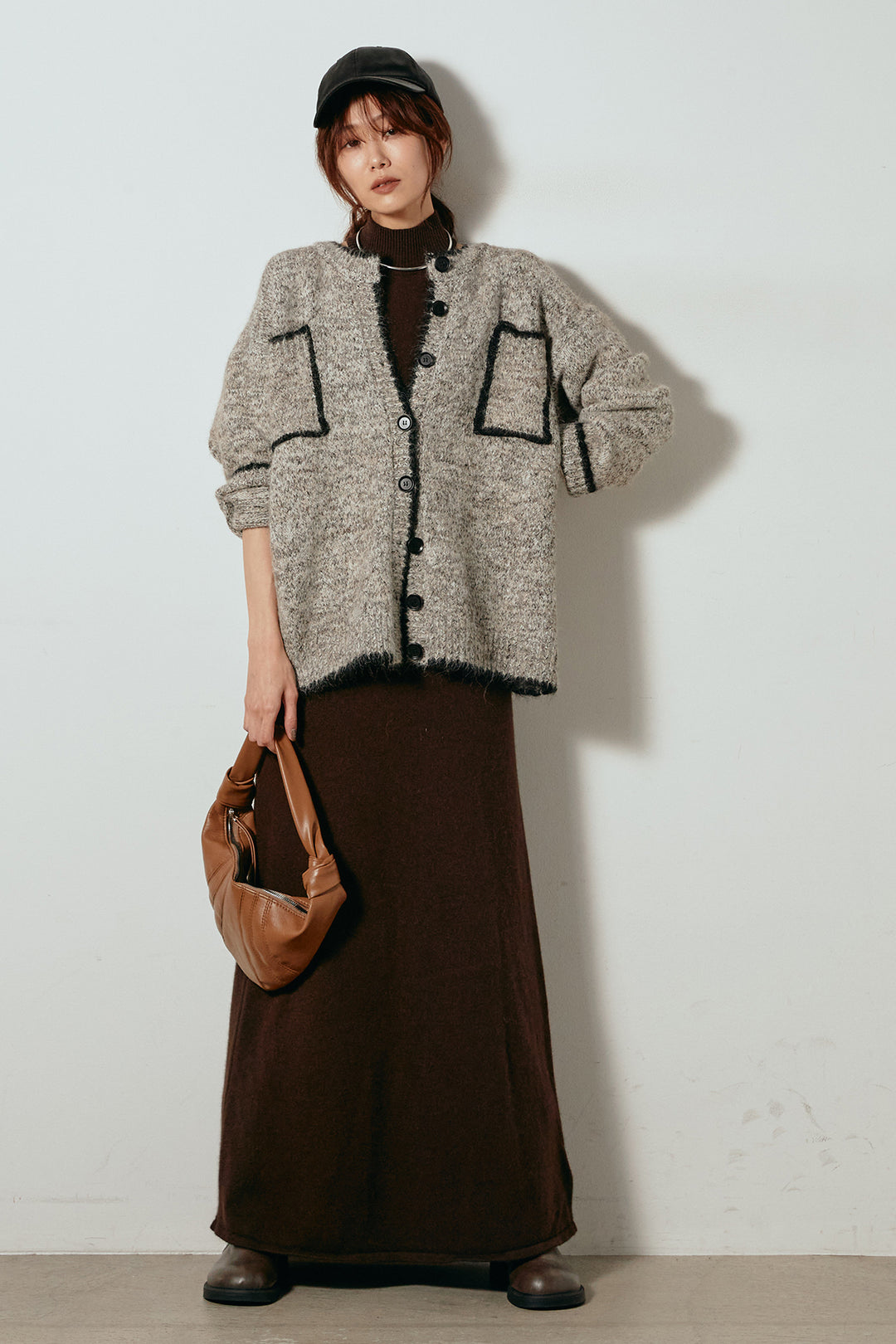 [SET]ミックスニットポケットカーディガン+ノースリーブニットロングワンピース(2set)