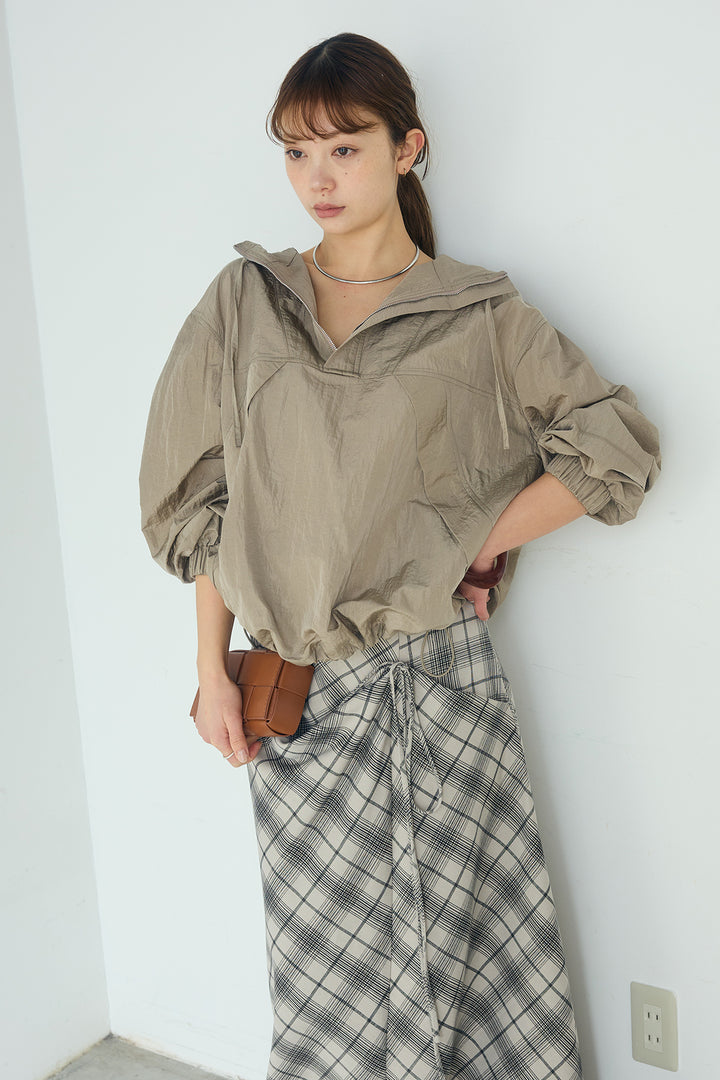 [SET]ナイロンフーディーブルゾンアウター+タータンチェック柄フロントデザインスカート(2set)