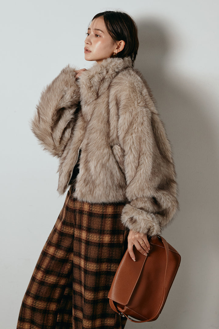 [SET]エコファーショート丈ブルゾン+ルーズタータンチェックワイドパンツ(2set)