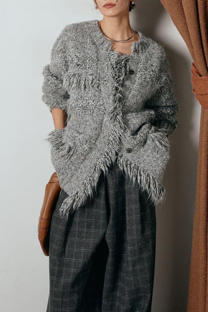 [SET]フリンジニットカーディガン+ウールライクチェックタックパンツ(2set)