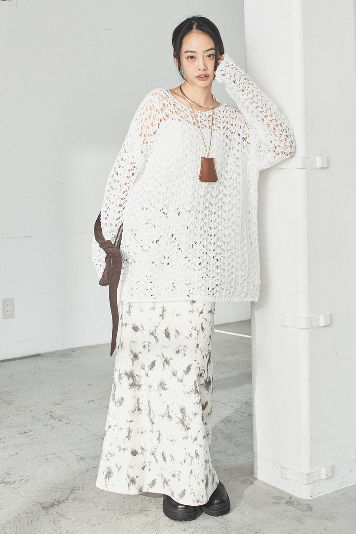 [SET]リラックスメッシュニットトップス+タイダイ柄ベロアワイドスカート(2set)