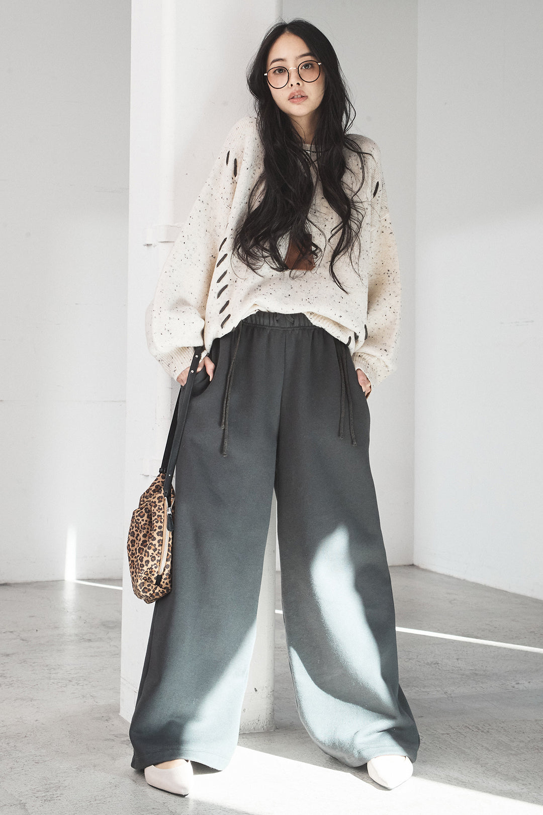 [SET]ネップ編み上げニットトップス+裏起毛スウェットワイドパンツ(2set)