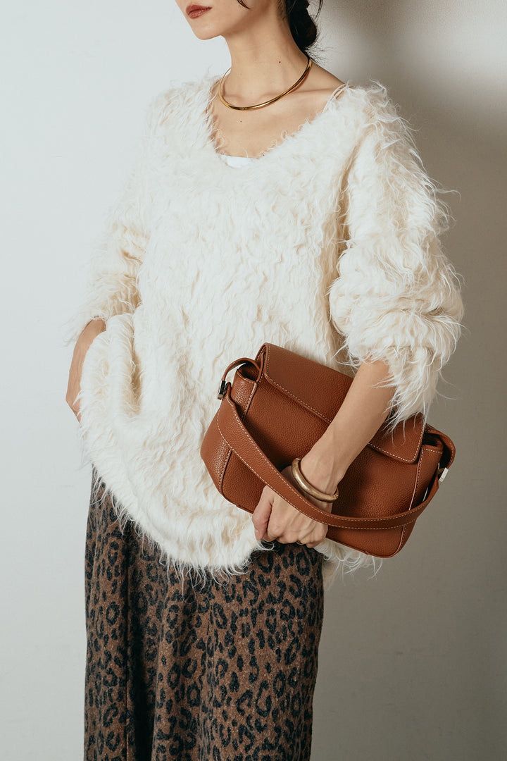 [SET]深Vネックシャギーニットトップス+リラックスレオパード柄ワイドパンツ(2set)