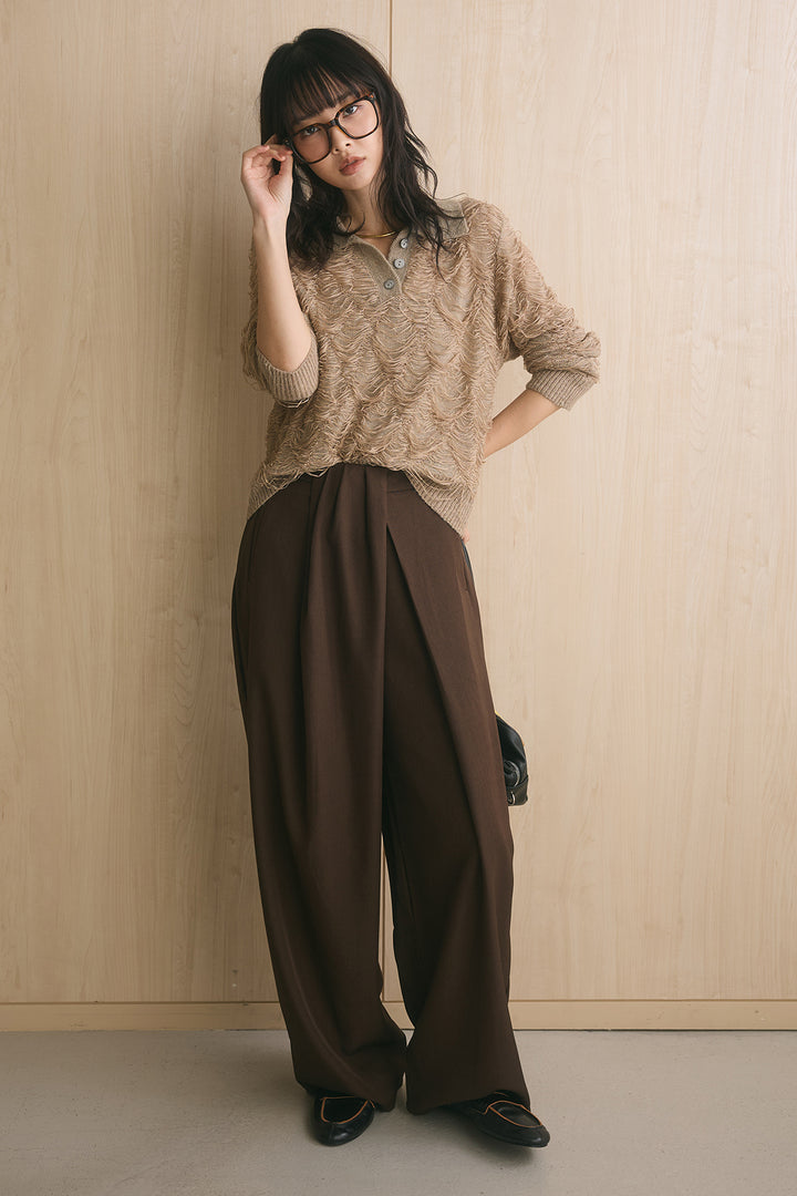 [SET]ポロ襟ループフリンジニットトップス+ドレープラップワイドパンツ(2set)