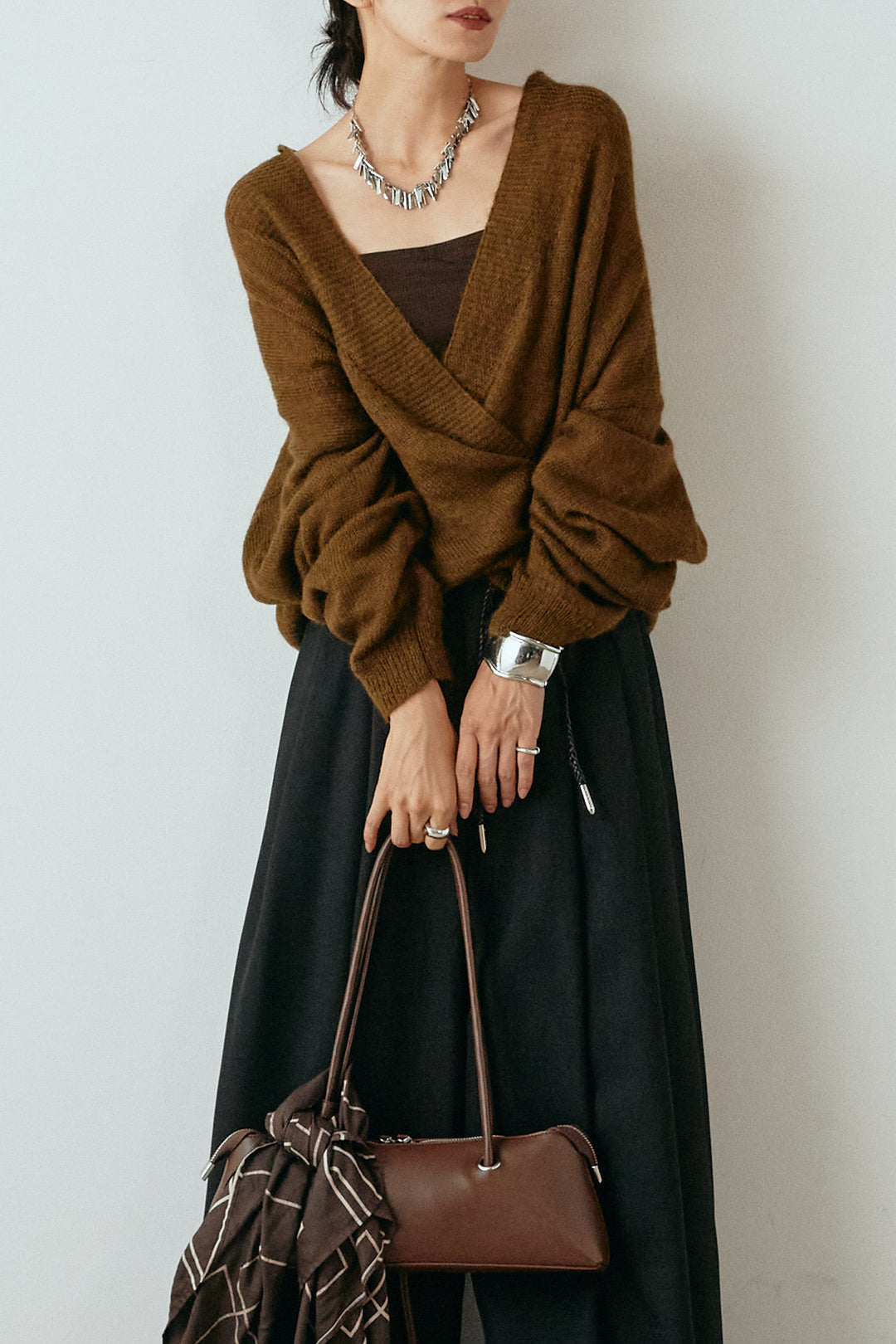 [SET]カシュクールデザインニット+細ベルト付きワイドパンツ(2set)