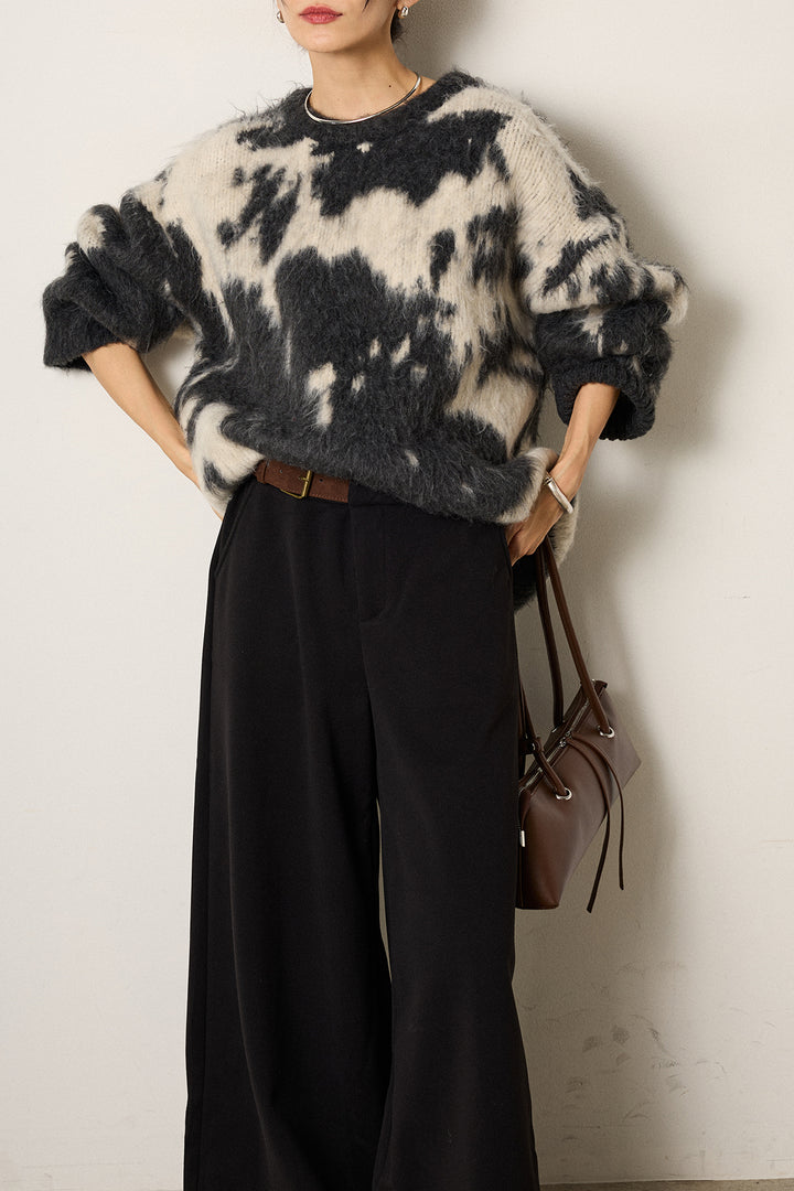 [SET]モヘアタッチマーブルニット+サイドベルトパンツ(2set)