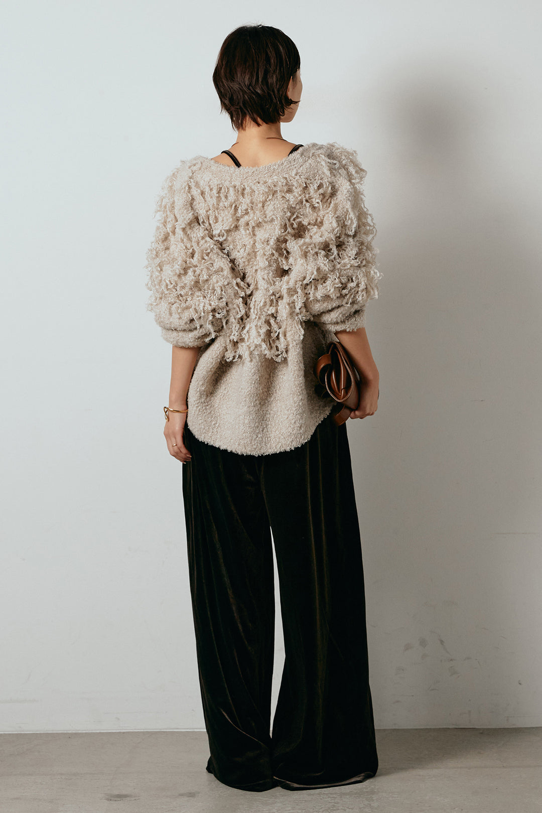 [SET]ループ編みVネックニットカーディガン+ベロアサスペンダー付きパンツ(2set)