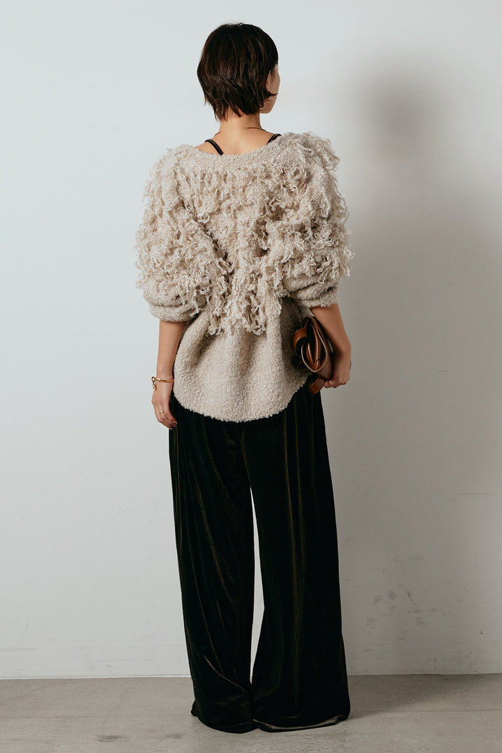 [SET]ループ編みVネックニットカーディガン+ベロアサスペンダー付きパンツ(2set)