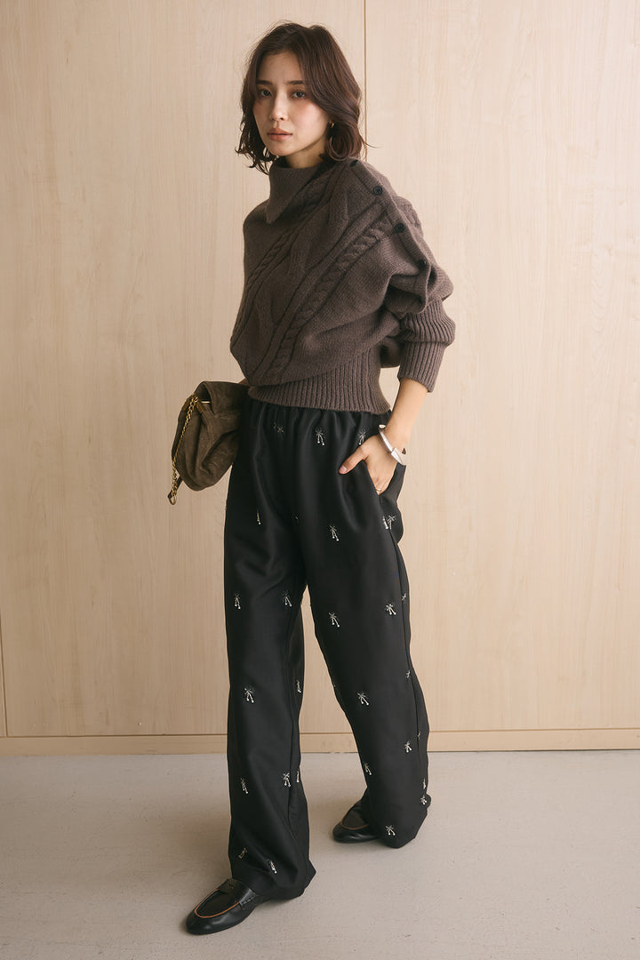 [SET]アシメカラーボタンケーブルニット+総ビーズ刺繍パンツ(2set)