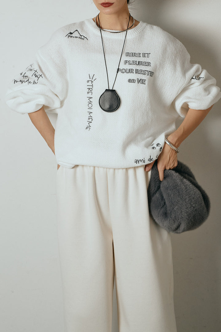 [SET]刺繍ロゴランダムデザインニットトップス+裏起毛スウェットワイドパンツ(2set)