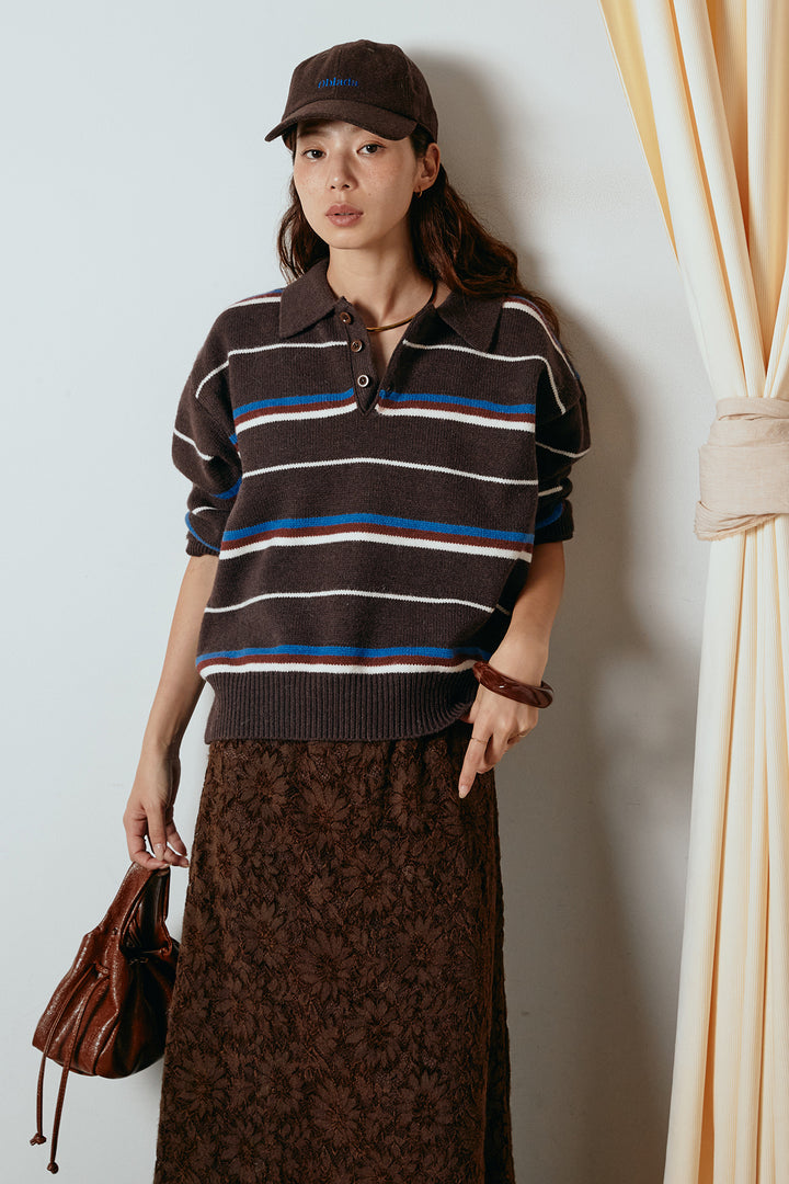 [SET]襟付きマルチボーダーニットポロトップス+花柄刺繍ベロアフレアスカート(2set)