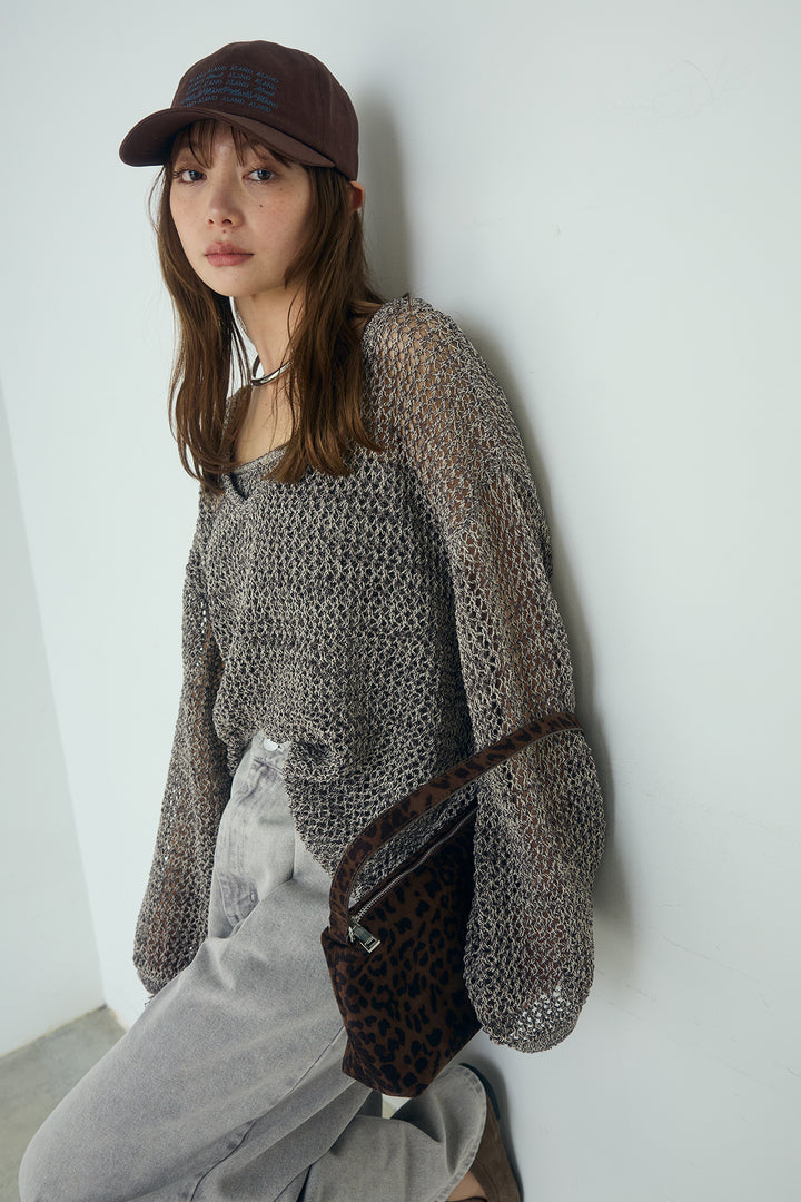 [SET]メッシュ編みビスチェセットVネックプルオーバー+カラーデニムタックカーブパンツ(2set)