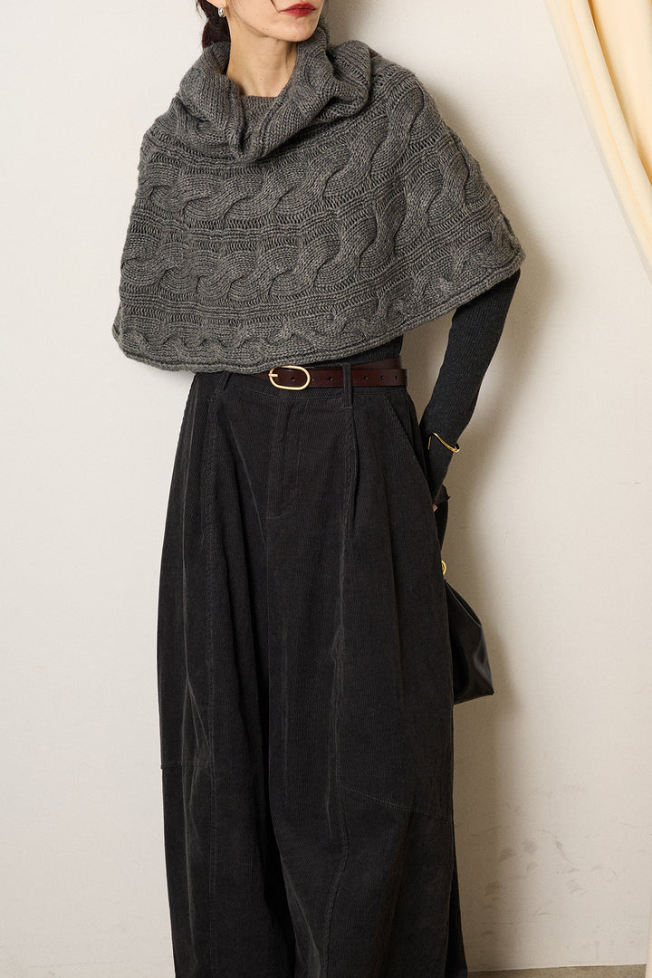 [SET]ケーブル編みケープレイヤードニット+タック入りコーデュロイワイドパンツ(2set)