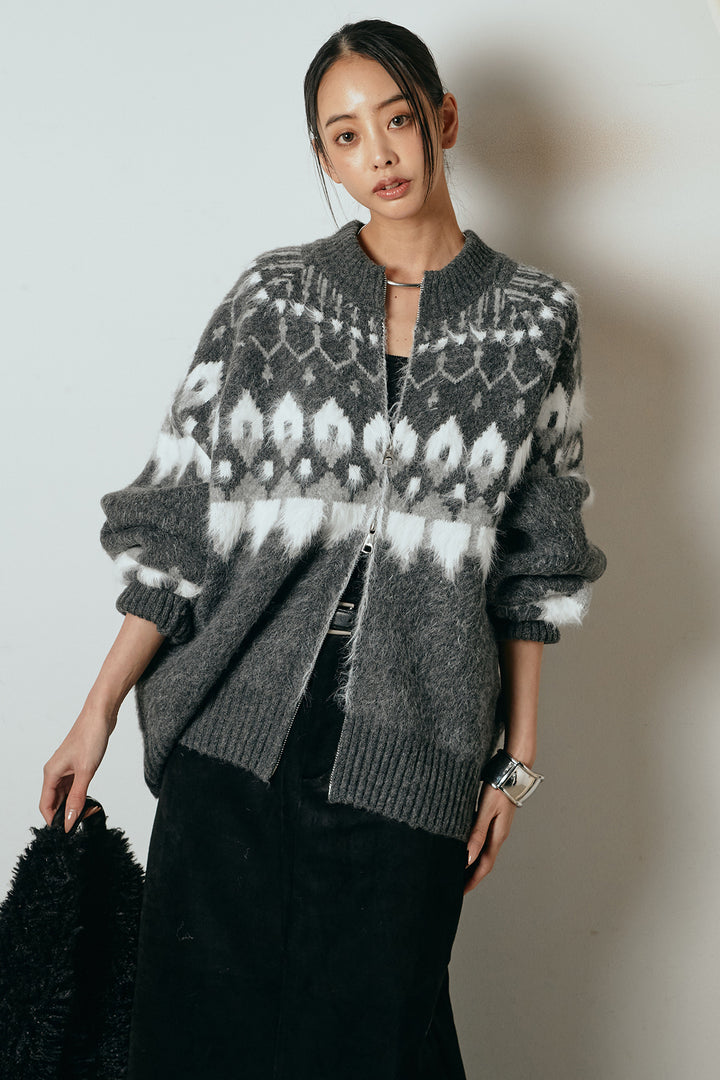 [SET]起毛ダブルジップパターンニットカーディガン+エコスウェードワイドスカート(2set)