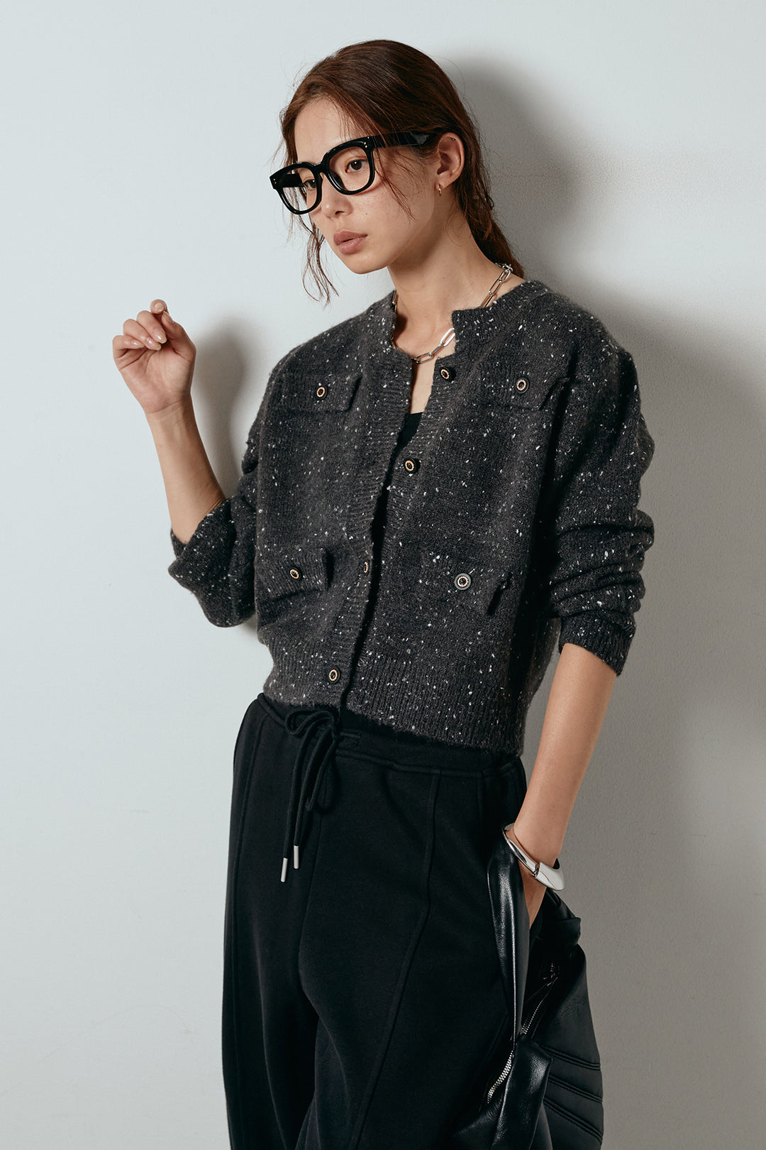 [SET]ネップニットカーディガン+スウェットワイドカーブパンツ(2set)