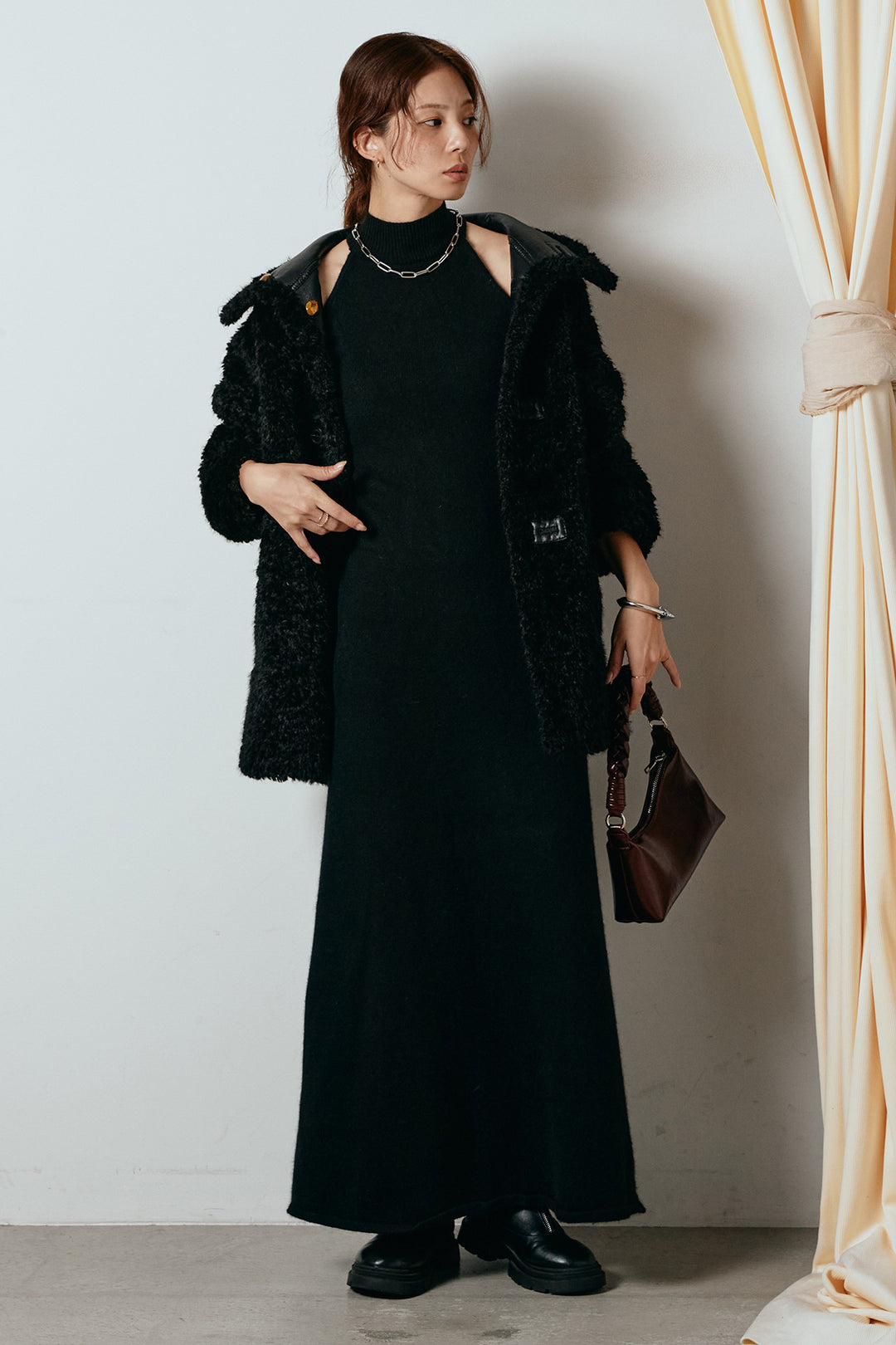 [SET]リバーシブルボアアウター+ノースリーブニットロングワンピース(2set)