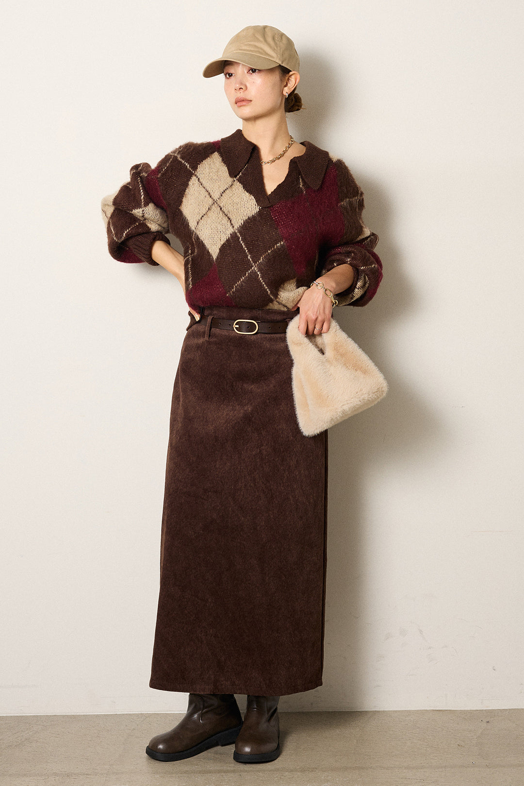 [SET]アクリルモヘアアーガイルキーネックプルオーバー+ロープベルト付きスウェード調スカート(2set)