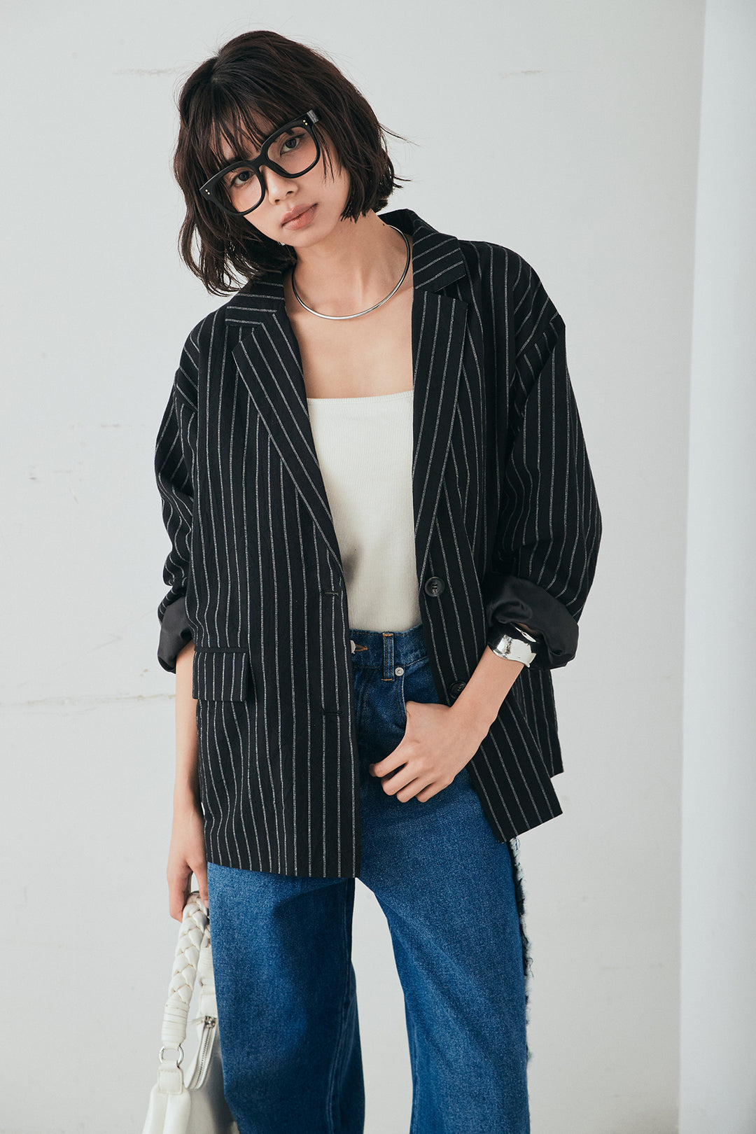 [SET]リネンライクストライプテーラードジャケット+デニムサイドフリルパンツ(2set)