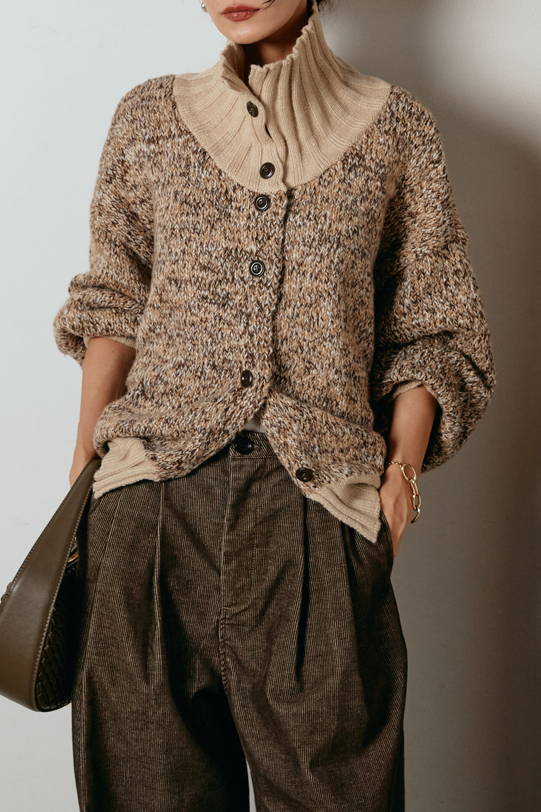 [SET]ハイネックミックスニットカーディガン+フロントタック入りコーデュロイパンツ(2set)