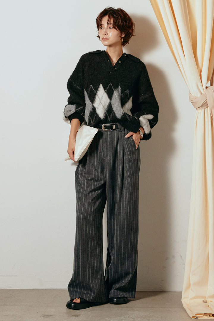 [SET]アーガイル柄ポロニットトップス+ストライプヘリンボーンパンツ(2set)