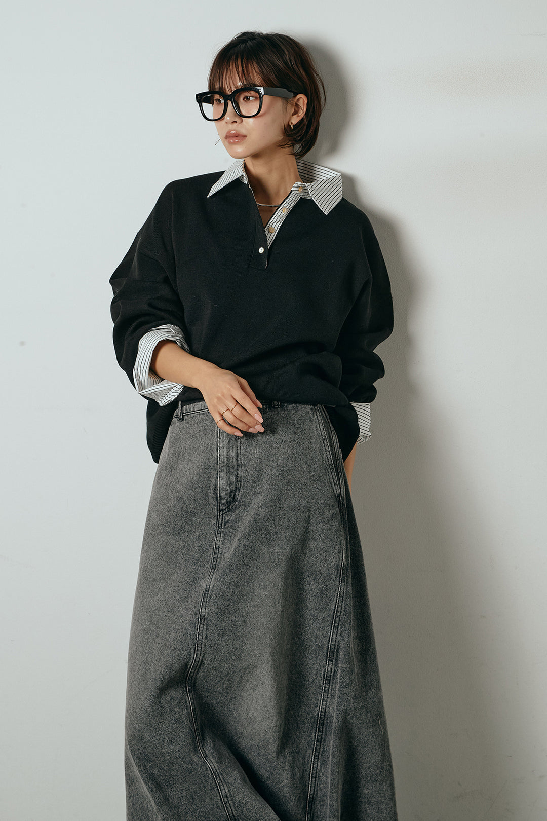 [SET]ストライプシャツドッキングポロトップス+デニムロングフレアスカート(2set)