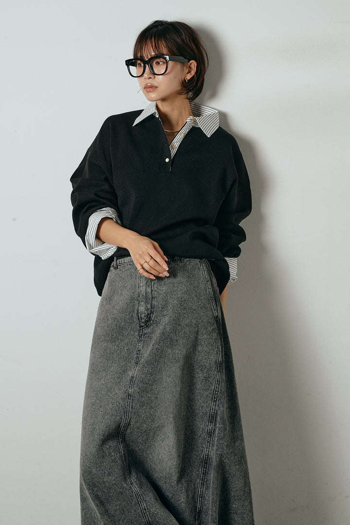 [SET]ストライプシャツドッキングポロトップス+デニムロングフレアスカート(2set)