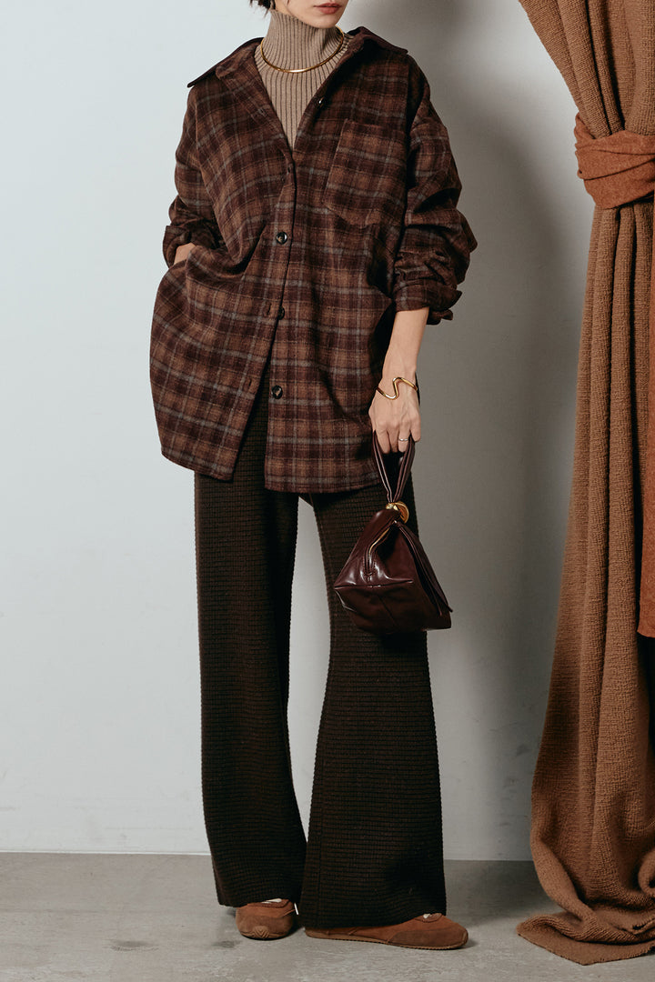 [SET]シャギーチェックシャツジャケット+ワイドリブニットイージーパンツ+リブニットシームレスタートルプルオーバー(3set)