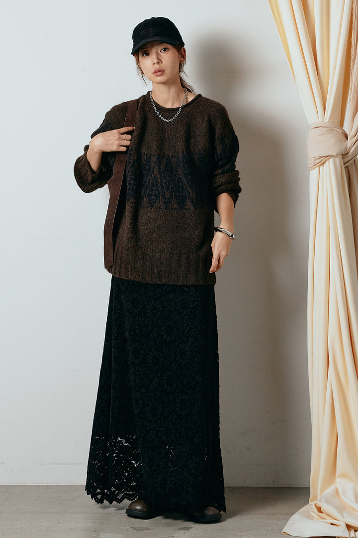 [SET]モノトーン柄ニットトップス+花柄刺繍ベロアフレアスカート(2set)