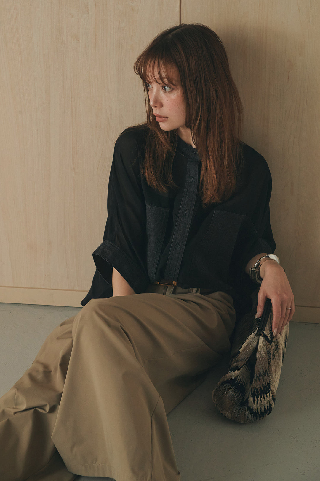 [SET]デニムライクビッグツーポケシアーシャツ+ベルトループデザインハイウエストタックパンツ(2set)