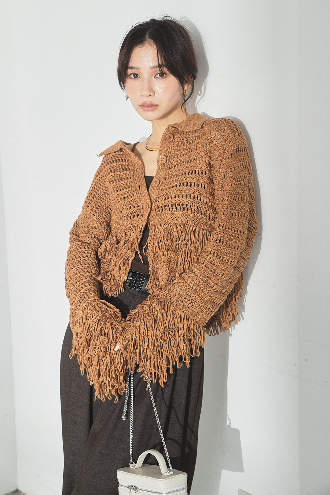 [SET]メッシュフリンジカーディガン+編みベルト付きウエストタックワイドパンツ(2set)