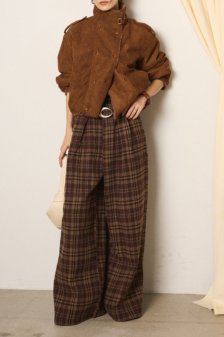 [SET]スタンド襟スウェードライクアウター+スタッズデザインベルトタータンチェックパンツ(2set)