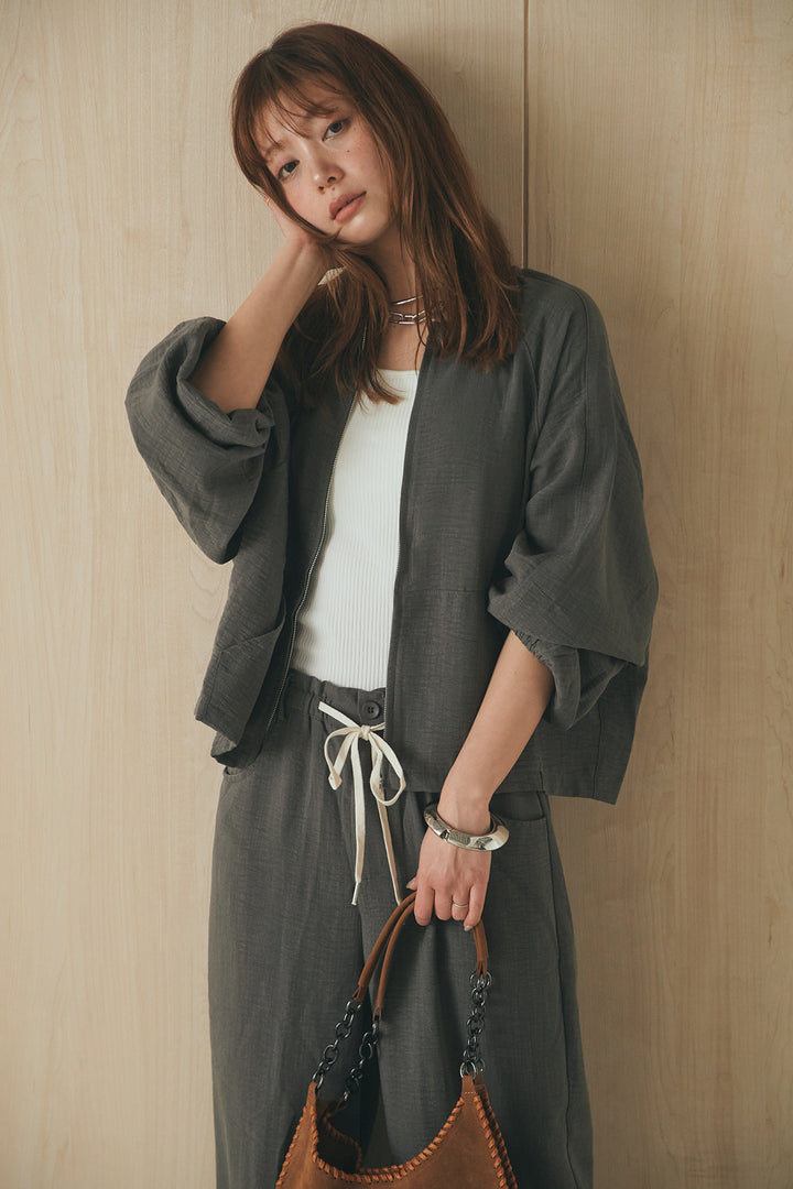 [SET]麻混ノーカラーブルゾン+麻混ウエストドロストパンツ(2set)