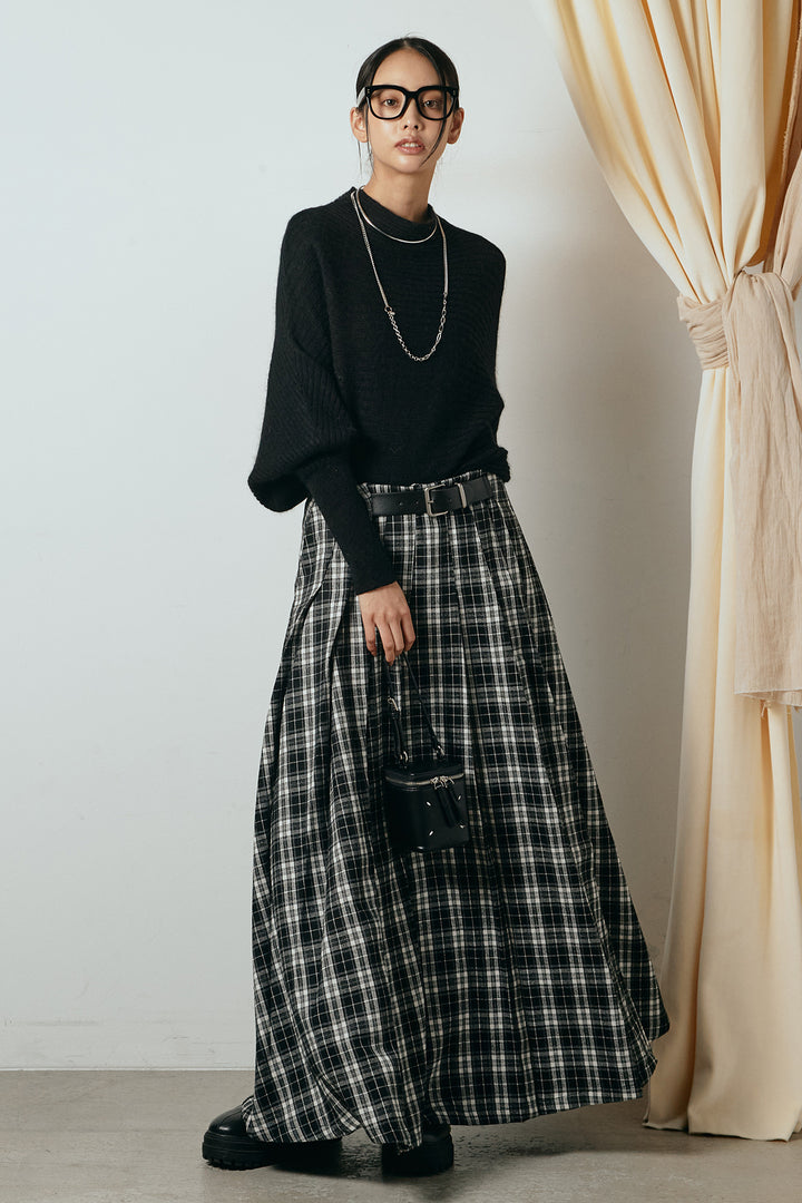[SET]ポンチョシルエット透かしニットトップス+ベルト付きタータンチェックプリーツスカート(2set)