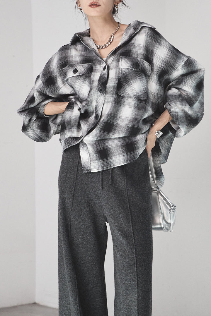 [SET]オンブレーチェックビッグシルエットCPOシャツ+センターラインニットパンツ(2set)