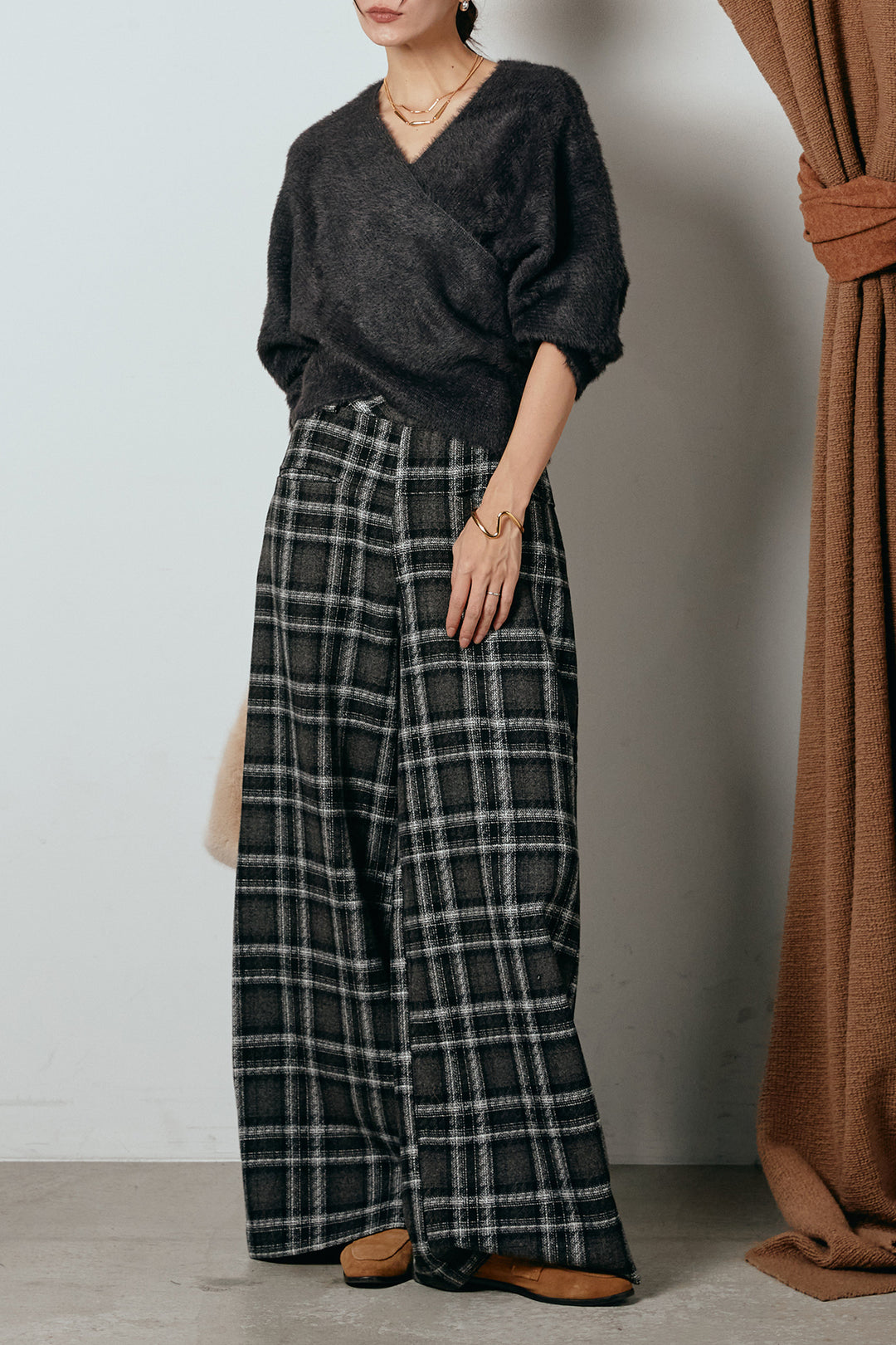 [SET]シャギーカシュクールニットトップス+ルーズタータンチェックワイドパンツ(2set)