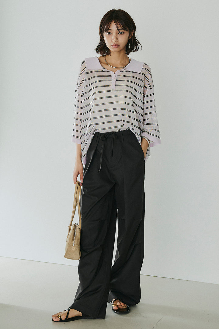 [SET]ボーダーニットポロシャツ+ニーサイドタックウエストドロスパンツ(2set)