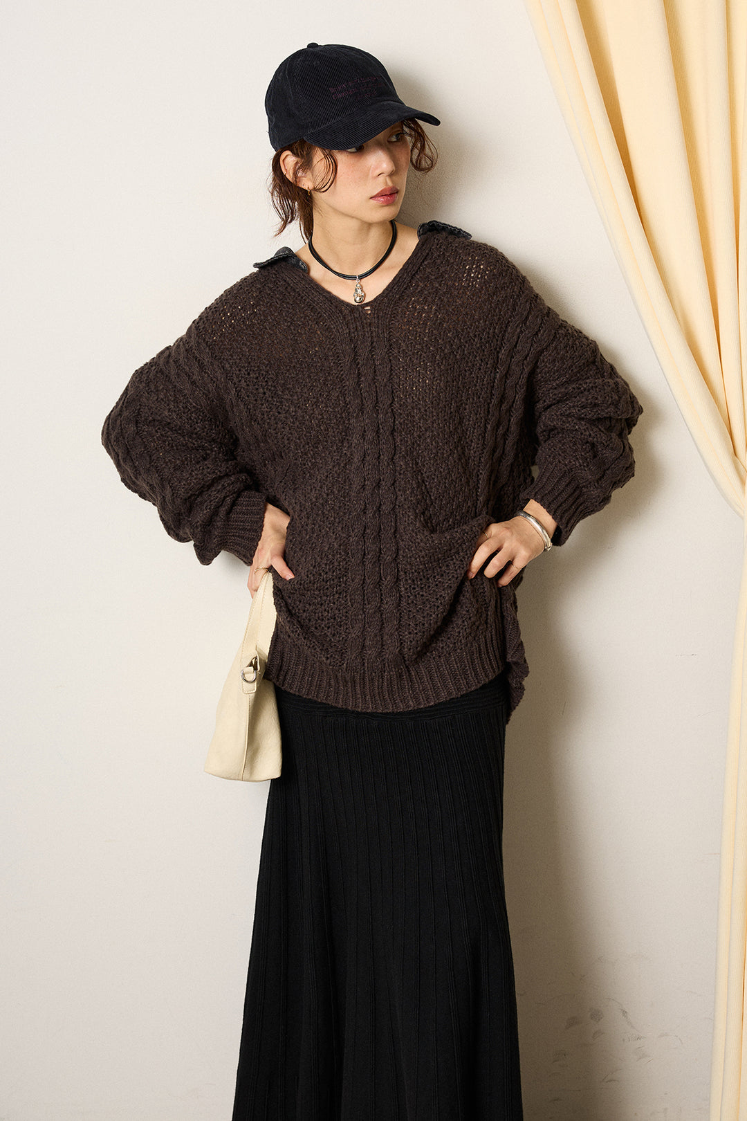 [SET]デニムカラーケーブルオーバーニット+編み地切り替えフレアニットスカート(2set)