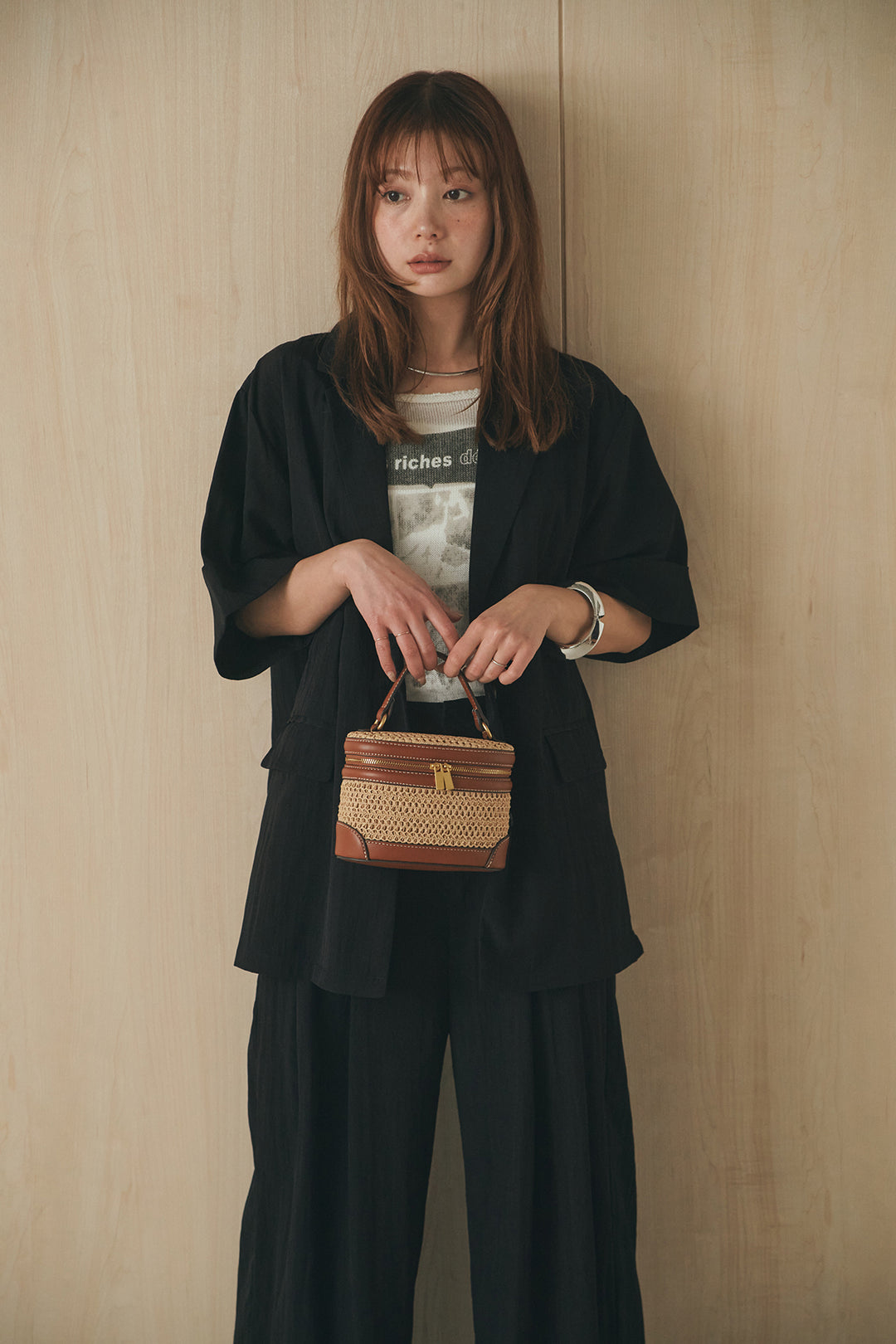 [SET]リネンライクテーラードハーフスリーブジャケット+リネンライク2タックワイドパンツ(2set)