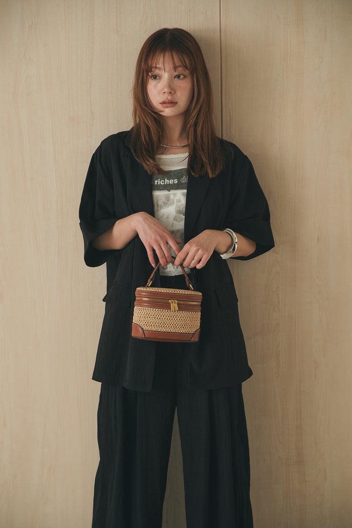 [SET]リネンライクテーラードハーフスリーブジャケット+リネンライク2タックワイドパンツ(2set)