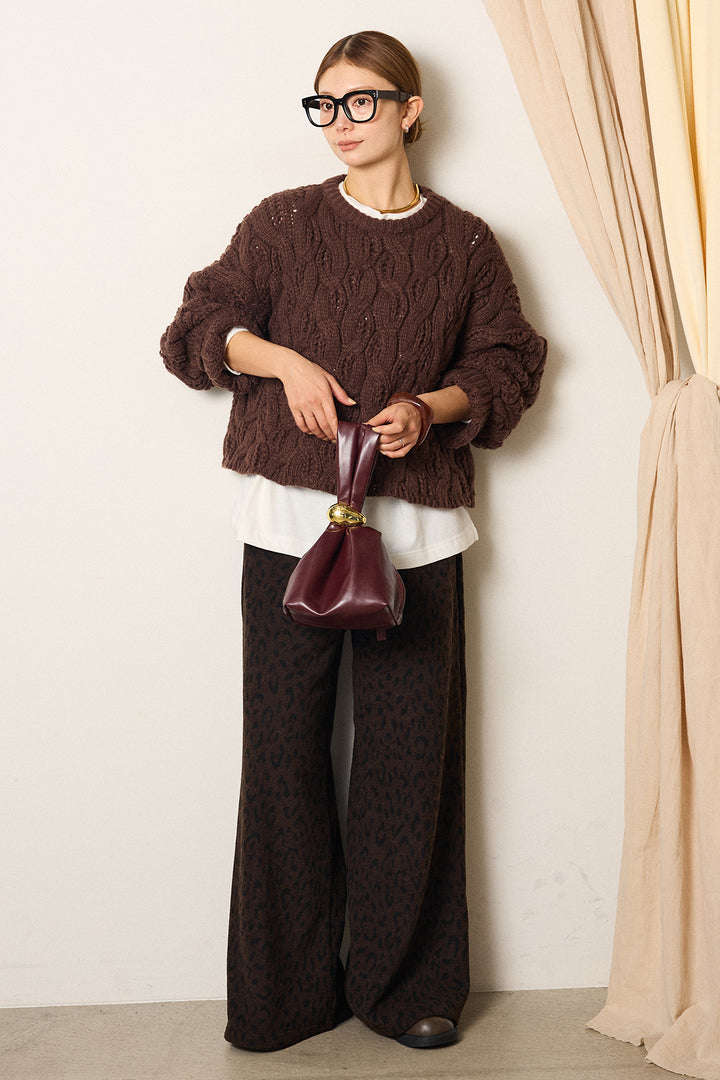 [SET]ケーブルリラックスショートニット+箔プリントBIGシルエットロングスリーブTシャツ+レオパードジャガードニットパンツ(3set)