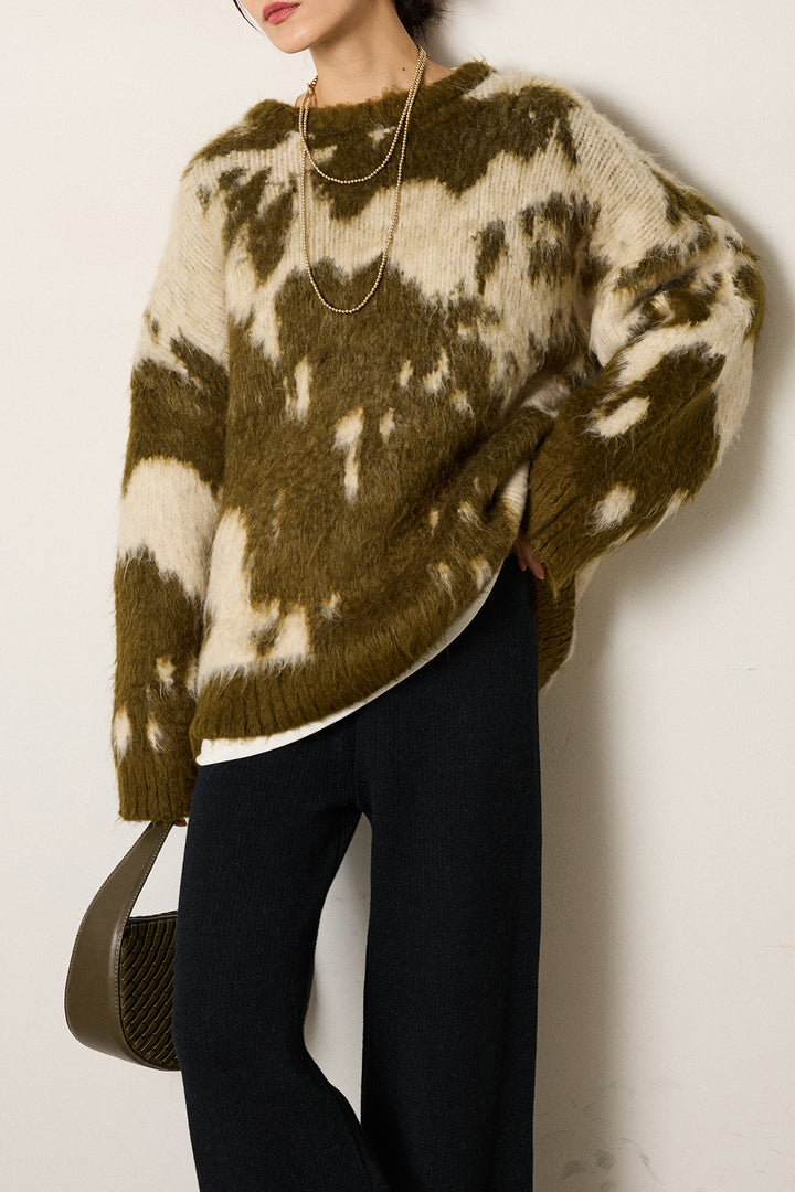 [SET]モヘアタッチマーブルニット+箔プリントBIGシルエットロングスリーブTシャツ+ワイドリブニットイージーパンツ(3set)