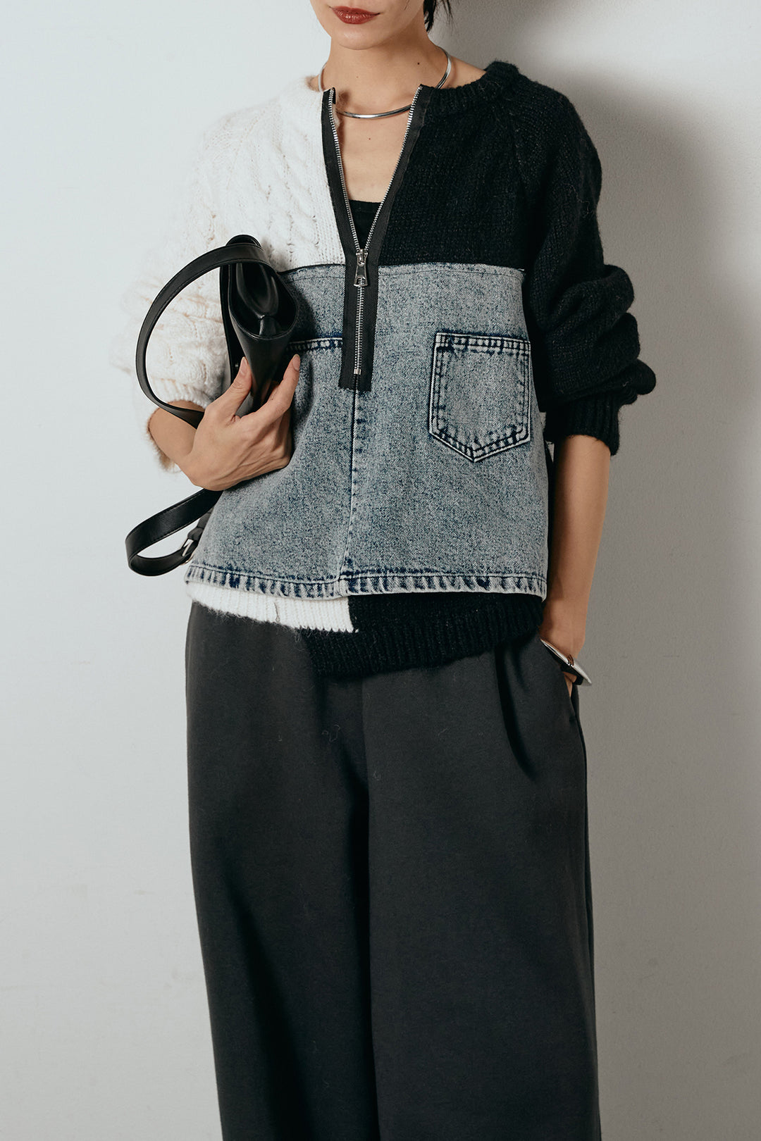 [SET]ハーフジップニットデニムドッキングトップス+裏起毛スウェットワイドパンツ(2set)