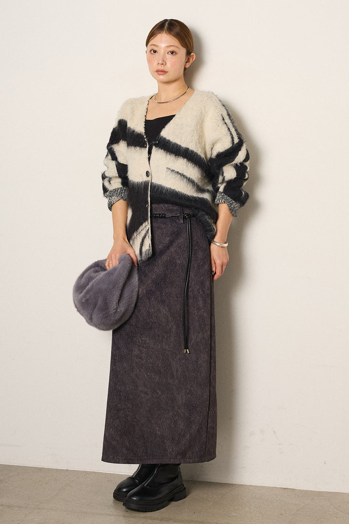 [SET]アクセントブラッシュドカーディガン+ロープベルト付きスウェード調スカート(2set)